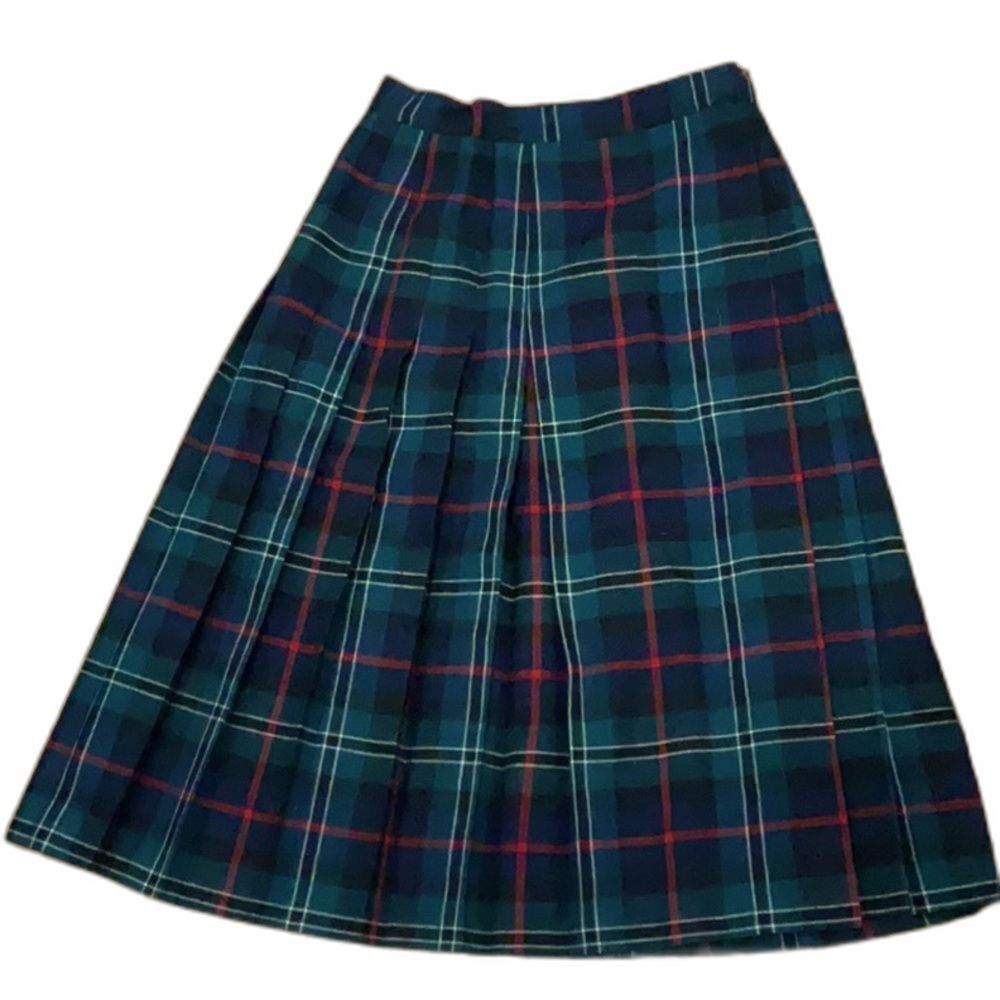 Ann Stevens Small Vtg Plaid Wool Pleated Skirt Union Label Green Blue Red 70s